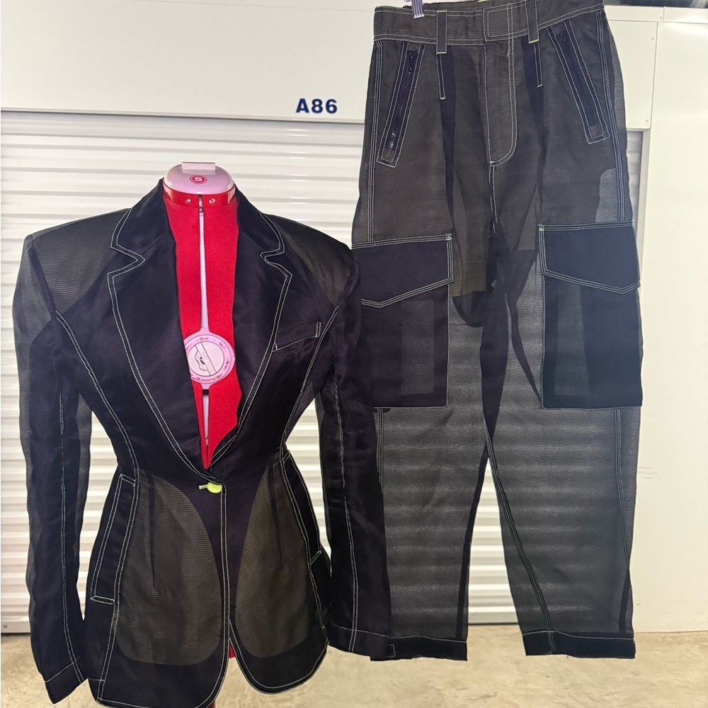 Black Mesh Contrast-Stitch Blazer & Cargo Pants Set
